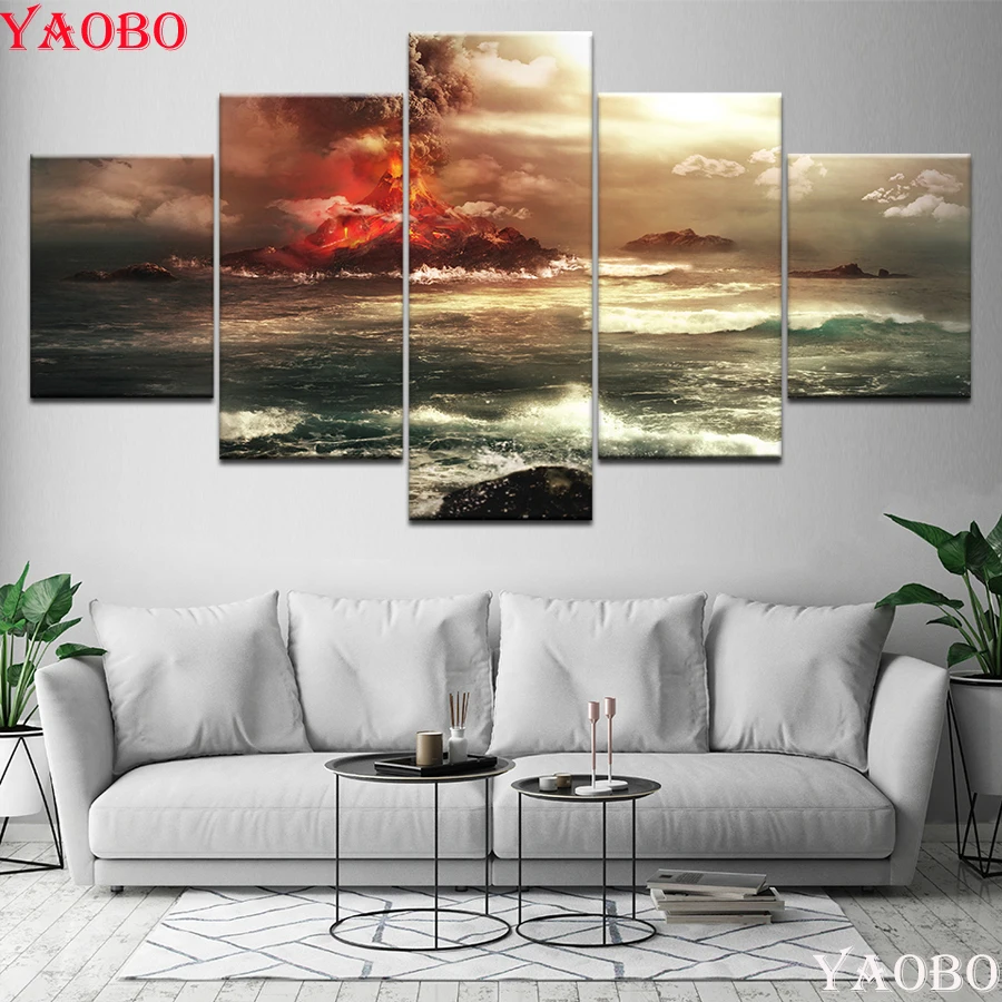 

DIY Diamond Painting full square Cross Stitch Mosaic 5 Panel Sea Wave volcanic Landscape Diamond Embroidery Rhinestone pictures