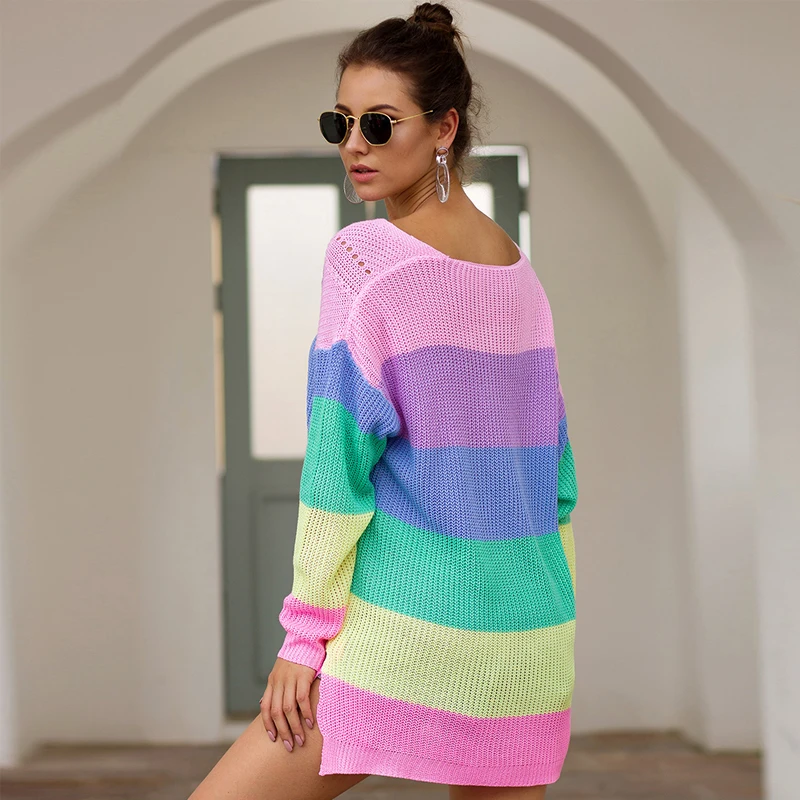 

Autumn Winter Long Sleeve Split Sweaters Women Pullovers Jumpers Female Knitted Loose Hollow Out Rainbow Patchwork Sweater Femme