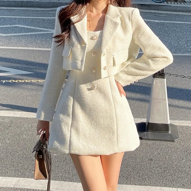 

New 2021 Autumn High Quality Women 2 Piece Set Tweed Short Jacket Coat+A-Line Mini Vest Dress Elegant Fashion Party Dresses Suit