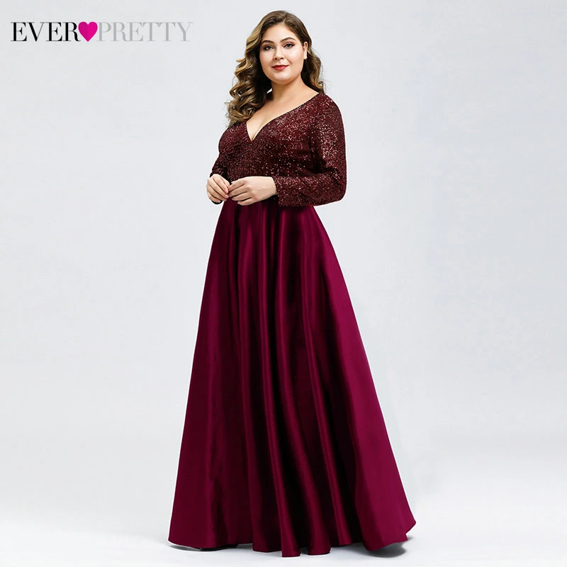 Sequined Prom Dresses Long Ever Pretty A-Line Deep V-Neck Full Sleeve Elegant Evening Party Gowns Vestido Noche Elegante 2020