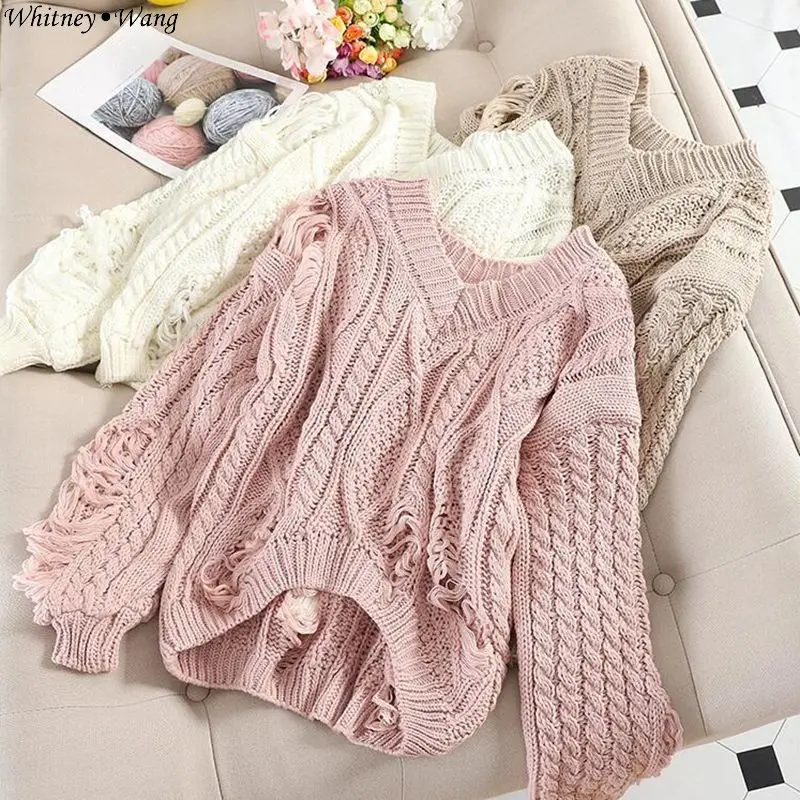 WHITNEY WANG осень мода уличная рваные дырки свитер женский джемпер Pull femme sueter mujer invierno