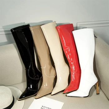 

High Quality Women Sheep Skin Knee-High Boots Pointed Toe Waterproof Sealed Zipper Thin Heels Solid Color Size 34-41