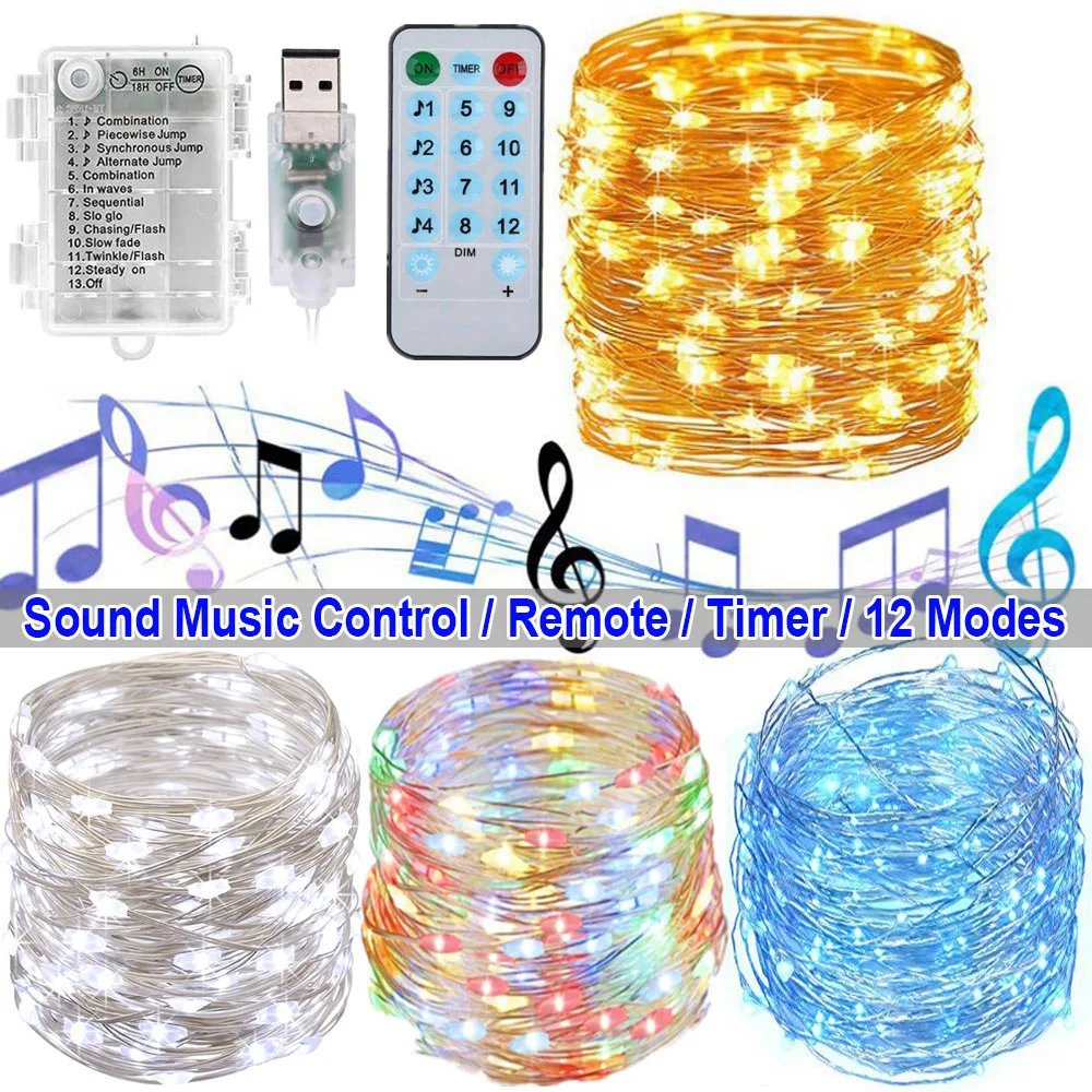 

5M/10M Sound Activated Waterproof LED String Lights with Remote Control For Bars Christmas Wedding Party AA Battery / USB D40