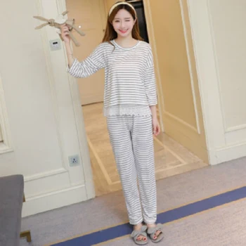 

Women's Two Piece Pajamas Suit Fashion Striped Print Lace Stitching Home Wear Round Neck Long Sleeve Top + Trousers