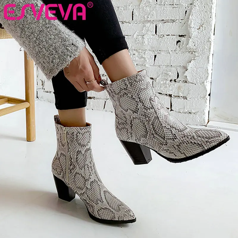 

ESVEVA 2020 Women Shoes Winter Ankle Boots Square High Heel PU Leather Western Snakeskin Motorcycle Platform Boot Size 34-43