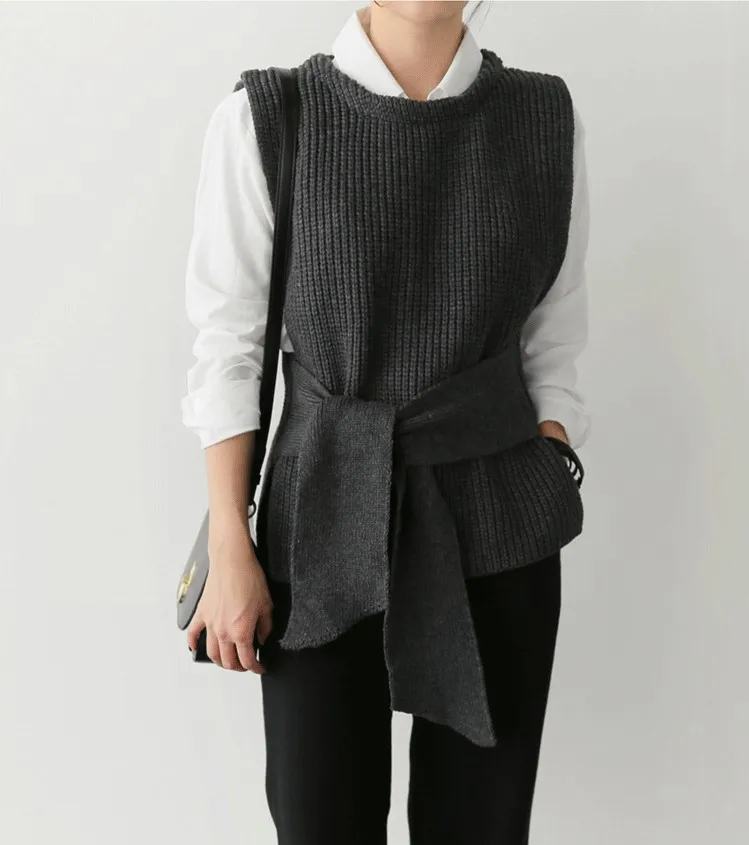 New Arrival Lace Up Sleeveless Pullover Women Knitted Sweater Solid Office Lady Vest Fashion Casual Female Sweaters Vest DS50856