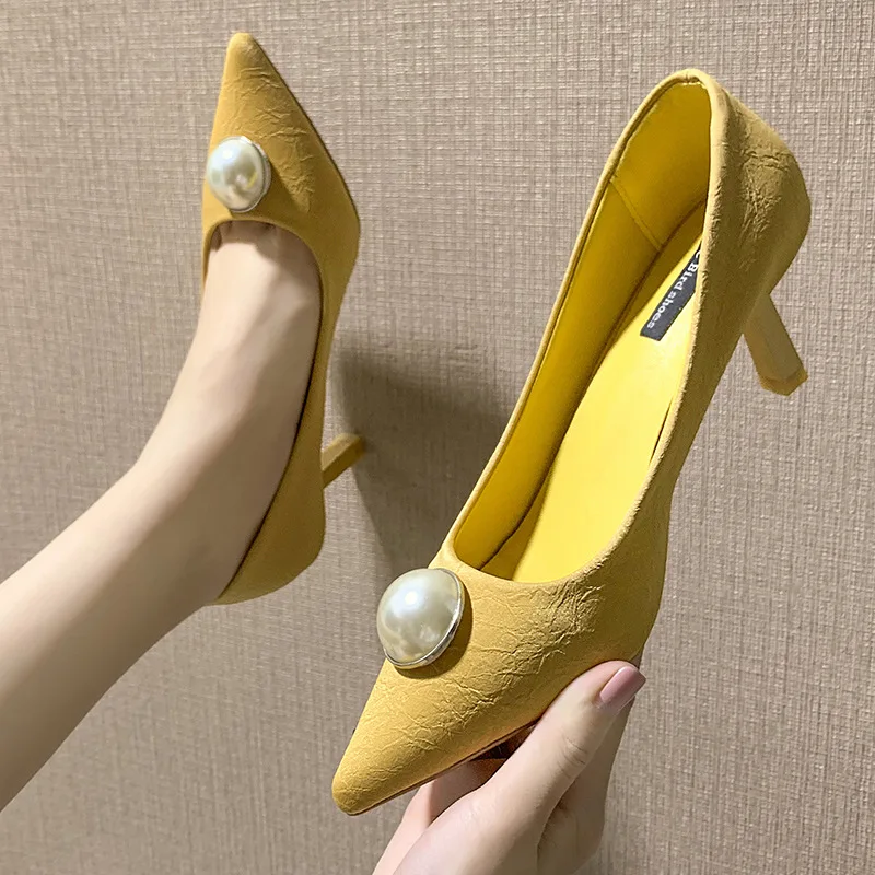 

Autumn Thin Heeled Pointed Shallow Mouth Retro Shoes Women's OL Pearl Decoration Low-top Shoes High-Heel Four Seasons WOMEN'S Sh