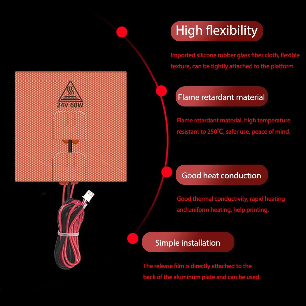 24V 60W 3D Printer Silicone Heater Pad Heating Mat 100x100mm Heated Bed with NTC 100K Thermistor for Voron 0 0.1 and 60cm Cable