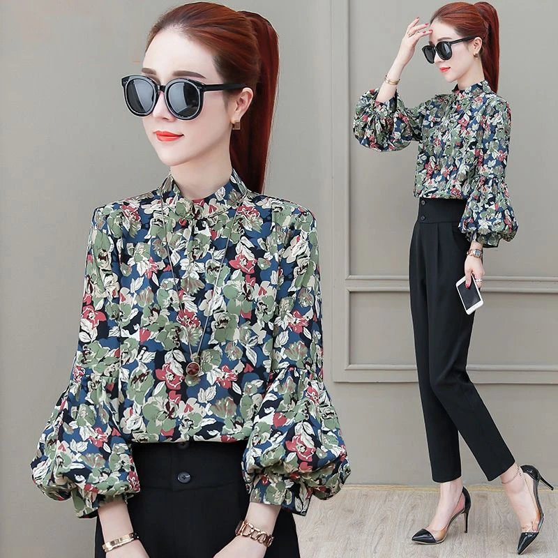 

Vintage Puff sleeve Tops Women Chiffon Floral Blouse Elegant Ladies 3/4 Sleeve Loose Casaul Tee Shirts