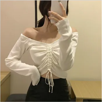 

Sexy Off Shoulder Crop Tops Casual Ruched Pleated T-shirt Women Long Sleeve Cropped Tshirt for Women Clothing White Black Blue