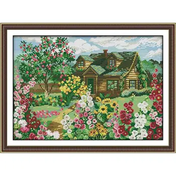 

JoySunday Cross Stitch House Landscape Needlework Set Embroidery Country Landscape Kit White Canvas DIY Home Decoration Painting