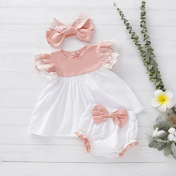 

infant baby girls fly sleeve patchwork dresses bow ruched bottoms toddler newborn kids girl clothes sets 2pcs 6M-3Y