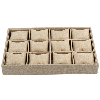 

12 Slots Pillow Watch Boxes Bracelet Watch Display Light Yellow Burlap Watches Storage Watch Display Tray Holder