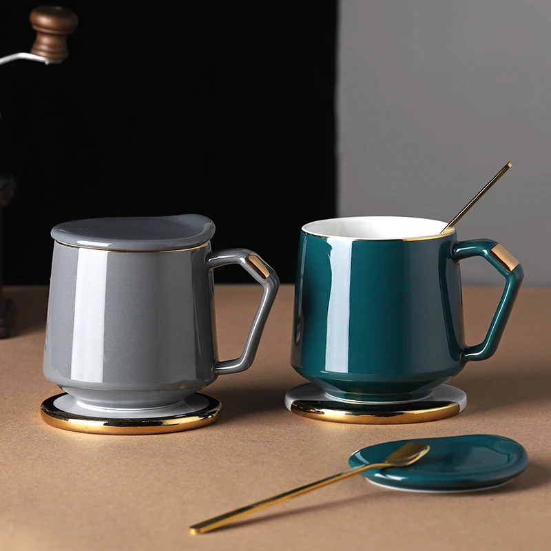 

Fashion Simple Ceramic Mug Solid Color Outline In Gold Coffee Cup Lid Spoon Sets Nordic Minimalism Coffee Mugs Handle Office Cup