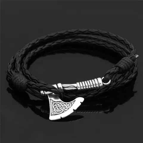 Viking Celtic Wolf Raven Axe Bracelet Odin Symbol scandinavian Rune Charm Leather Rope Bracelet Male Norse Amulet Jewelry