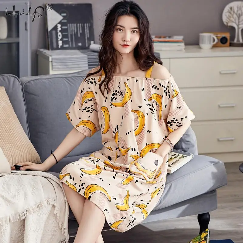 

Summer Cotton Sleepshirt Nightdress Women Cartoon Print Short Sleeve Sleepwear Girl Cute Nightwear Casual Homewear Nightgown