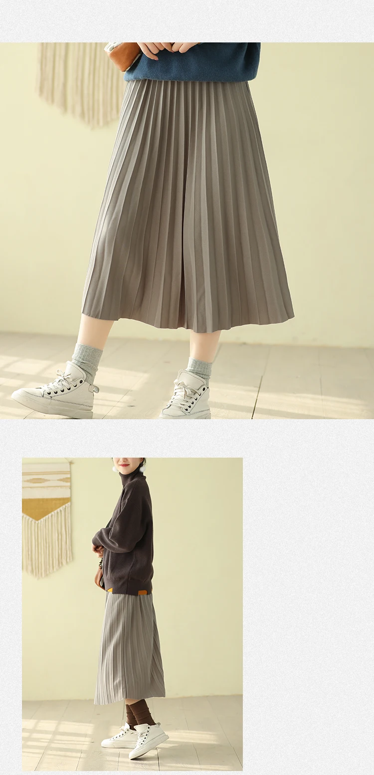 New Style Solid Women Pleated Skirts Female All-match Elastic Wasit Retro Spring Casual Skirts Women falda mujer Black Grey