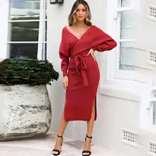 Robe Sexy pour femmes, col en v avec ceinture croisée, manches longues, pull élégant tricoté fendu, Slim, couleur unie, automne hiver S XL