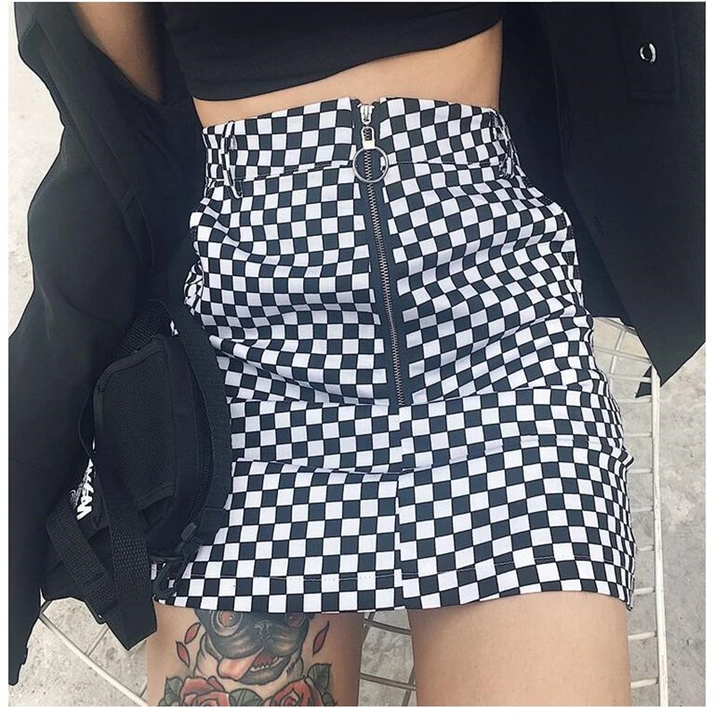 2018 Harajuku Vintage Black White Plaid Circle Zipper Women Slim Summer mini Skirt bodycon A-line Female skirts summer korean women high waist pleated skirts cute mini a line harajuku plaid skirt preppy style jk uniform short skirts female