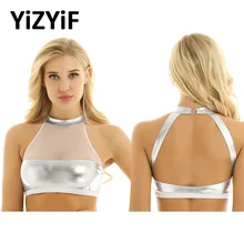 Женский Блестящий металлический купальник с кроп-топом, бикини, топы, женское нижнее белье с бретелькой на шее, без рукавов, сетчатый топ с открытой спиной