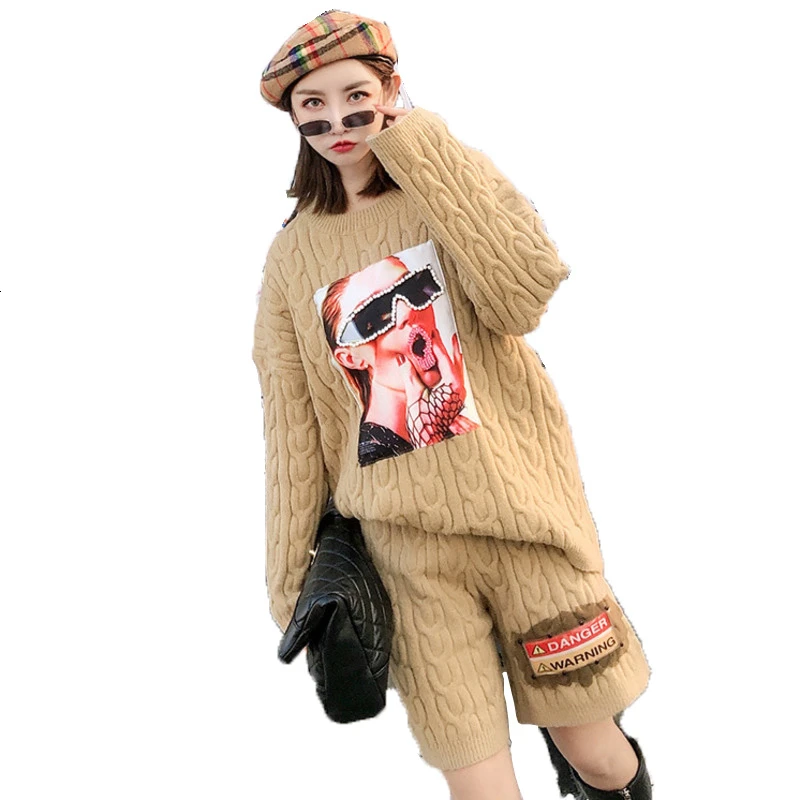Vefadisa, осенний и зимний женский свитер с заплатками, костюм для отдыха, шорты с длинным рукавом, свободный принт, цвета хаки, женские костюмы QFM010