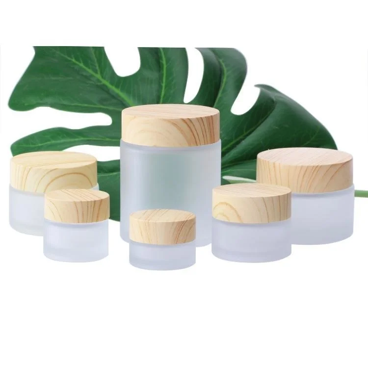 Frosted Glass Jar Cream Bottles Round Cosmetic Jars Hand Face Packing pitcher 5g 50g jug With Wood Grain Cover