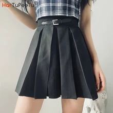 Gothic Black Pleated Mini Skirt Women Summer 2020 High Waist Solid Plaid 2 Colours Cute Preppy Style with Pu Belt Decorate