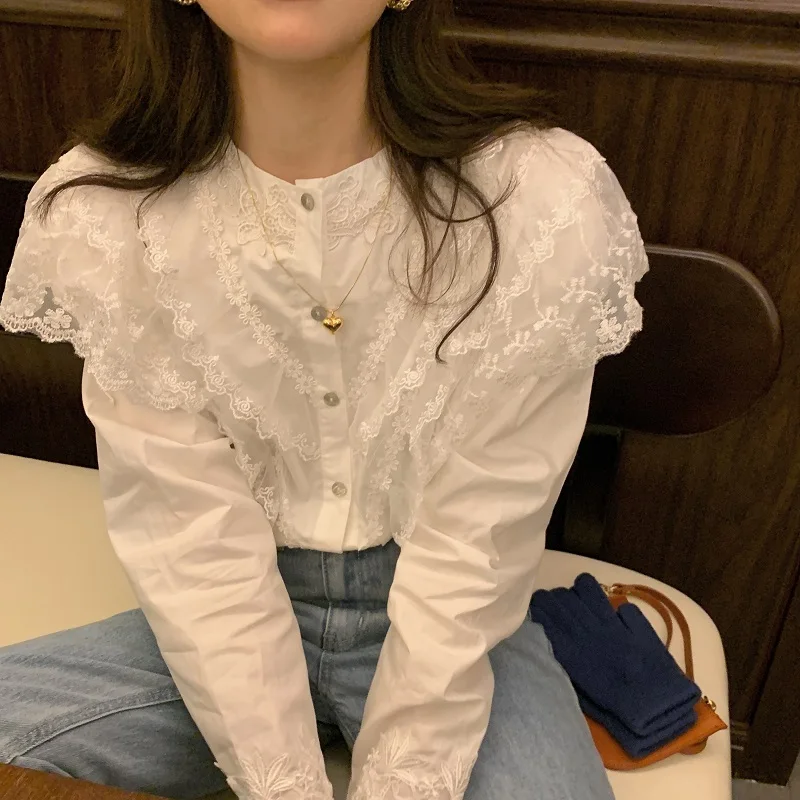 REALEFT Spring Lace Patchwork Women's Shirts Female Blouse Long Sleeve Stand Collar Korean OL Style Women Elegant Blouses
