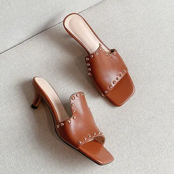 

Spring Summer Women Slippers New Cow Genuine Leather High Heels Sandals Elegant Open Toe Rivet Basic Shoes Woman