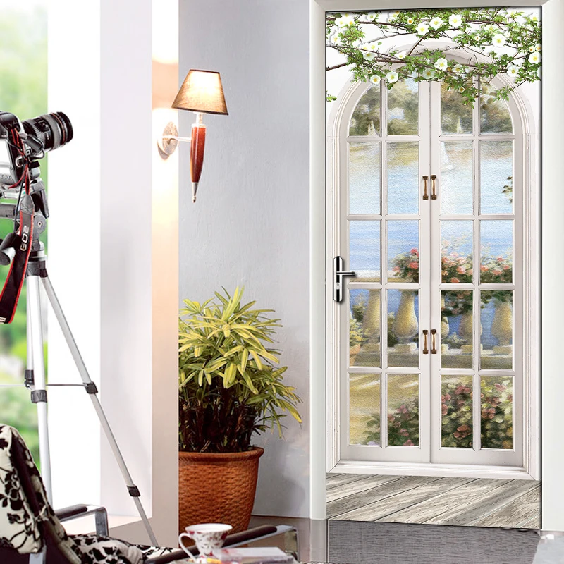 Европейский стильный принт 3D дверь наклейка за окном пейзаж Картина самоклеющаяся домашний декор водонепроницаемая бумага художественный плакат