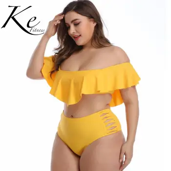 

KE 2019 bikini 2 pieces swimwear yellow sexy big size L XL 2XL 3XL plus woman size new with pad wire free nylon