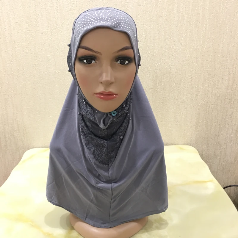H1401 последний мусульманский хиджаб с кружевными цветами и бусинами модный исламский хиджаб для девочки Быстрая