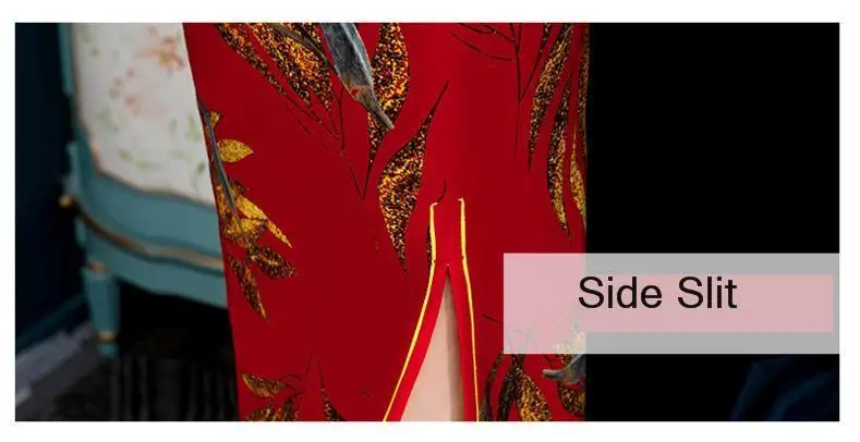 Sheng Coco размера плюс женская одежда длинный Cheongsam Шелковый золотой лист Печатный китайский свадебное платье современное платье Ципао