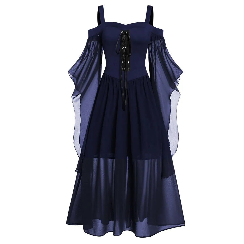 

Women Gothic Dress 2019 Sexy Off Shoulder Solid Color Mesh Dress Boho Style Long Party Lace Up Halloween Dresses Vestidos 919W