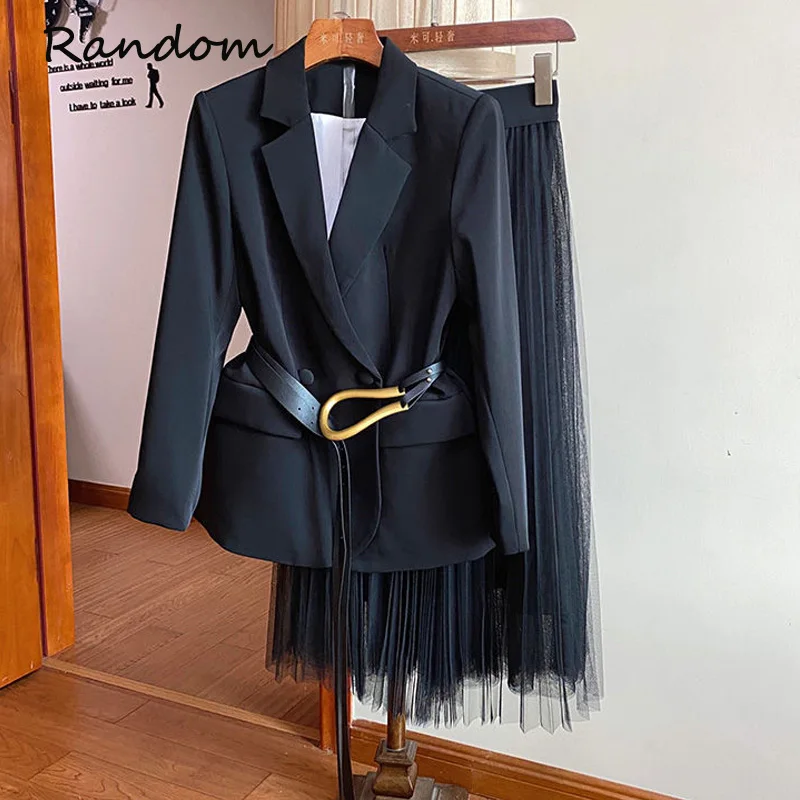 

Women Elegant Office Black Suit Blazer Jacket Coat Top And Midi Gauze Mesh Skirt Two Piece Set Outfit Ladies Work Clothes Outfit