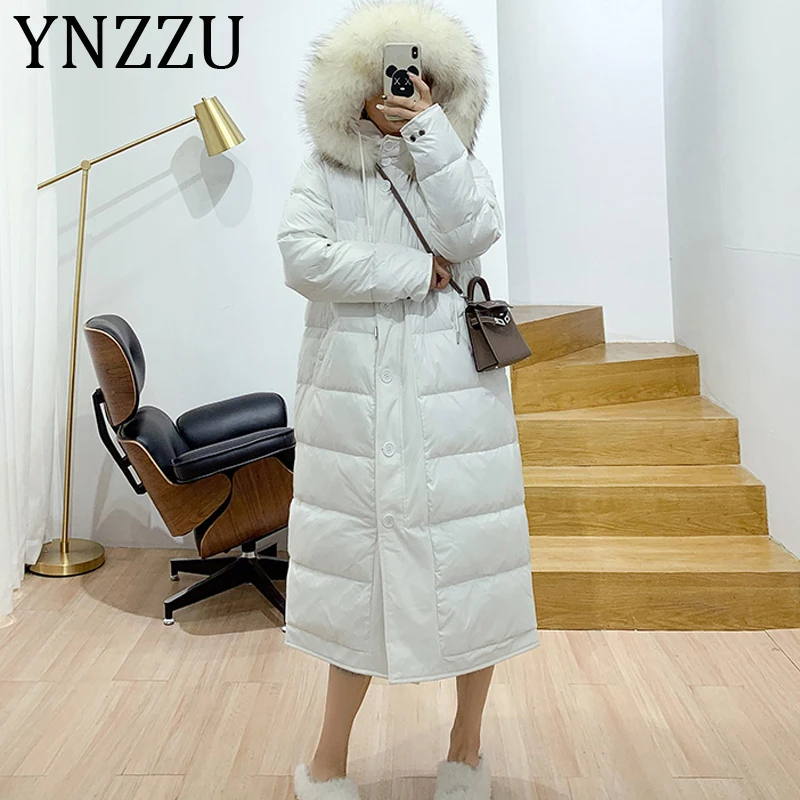 

YNZZU 2019 Double Side Wear Natural Raccoon fur Duck Down Jacket Women Winter Long Oversized Coat Thicken Warm Outwear -30C A1232