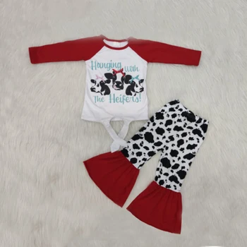 

fall and winter boutique clothes kids baby cow print t shirt bell bottom pant outfits baby girl long sleeve outfit kids outfit