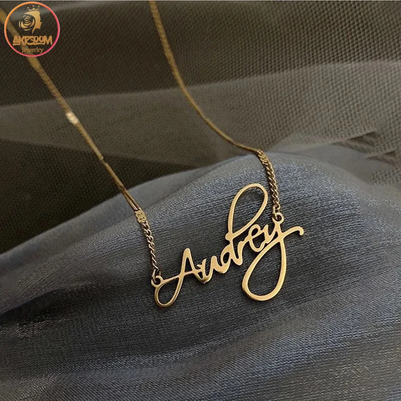 Akizoom Punk Audrey Name Stainless Steel Necklace Golden Color Special Chain Letter Pendant for Women Party Jewelry Gift gold pendant