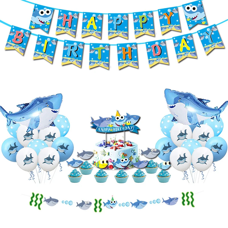 

2019 Baby Shower Boy Shark Birthday Party decor Baby Shark Blue Pull flag/Cake Toppers/Latex Balloon Party Decoration Supplies