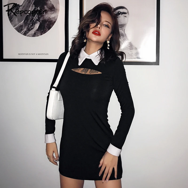 

Rapcopter Turn-down Collar Hollow Out Mini Dress Patchwork Long Sleeve Autumn Gethic Sheath Dresses Casual Ladies Fashion Dress