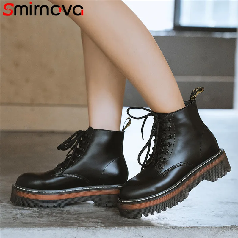 

Smirnova 2020 Newest ankle boots women genuine leather shoes lace up comfortable flat platform boots low heel casual shoes woman