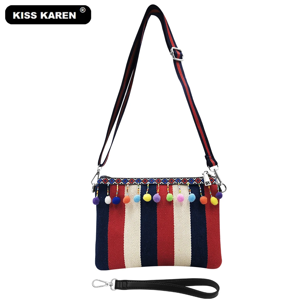 

New Arrivals Stylish Pompon Fringed Women's Shoulder Bags Canvas Wristlets Women Messenger Bags Clutch Bag Women's Purse