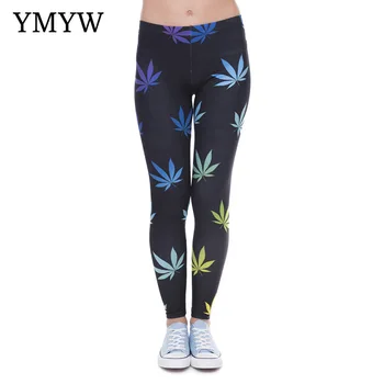 

YMYW High Elasticity Casual Occident Maple Leaf Printed Sport Leggings Women Exercise Ankle-length Thin Slim легенсы для фитнеса