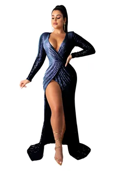 

Women dress sexy elegant long sleeve high split nightclub long dress