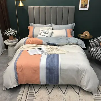 

Papa&Mima Preppy European Stripes Sanding Cotton Bedding Set Printed Thick Linens Fitted Sheet Pillowcase Duvet Cover