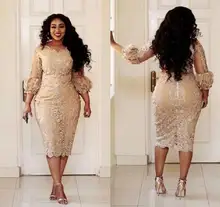 Champagen Plus Size Mother of the Bride Dresses Lace Long Puff Sleeve Short Sheath Tea Length Women Formal Party Evening Gowns
