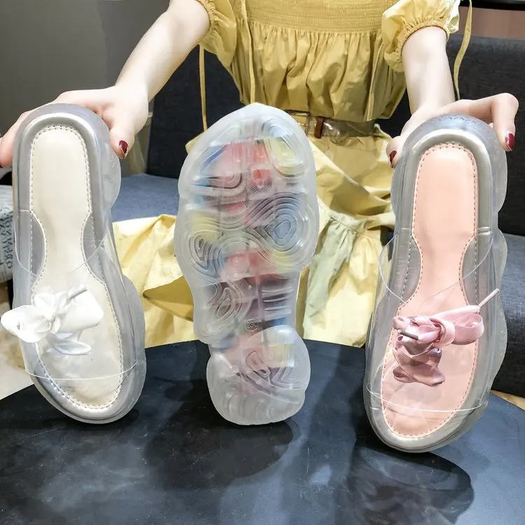 

2019 Summer New Style Korean-style Versatile Thick Bottomed Transparent Outer Wear Sandals Women's Ribbon Anti-slip Sandals