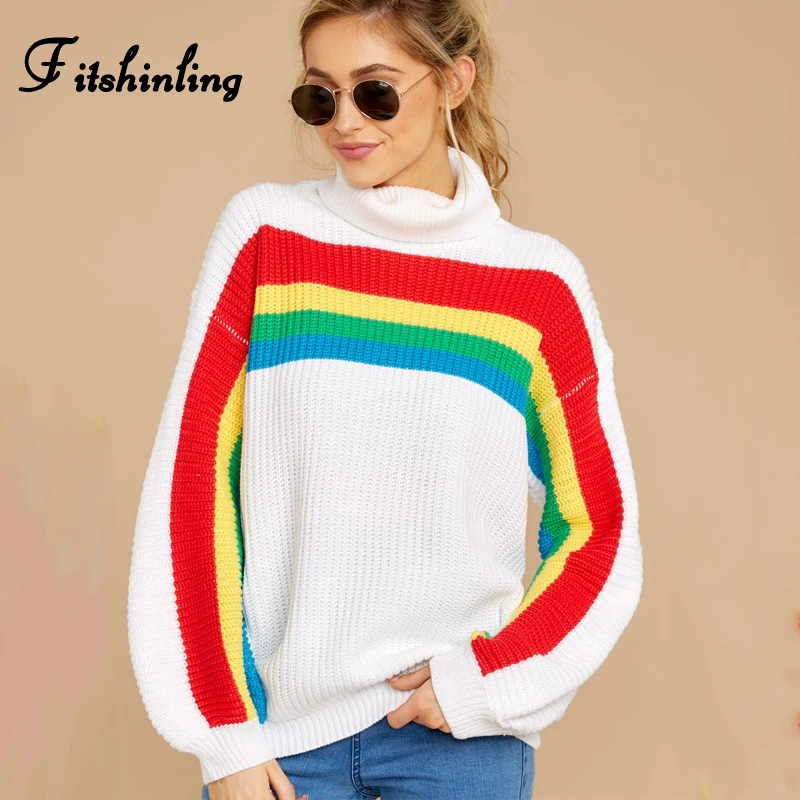 Fitshinling Rainbow Striped Women's Turtleneck Sweaters Winter Clothing White Pullover Korean Slim Jumper Knitted Sweater Sale | Женская