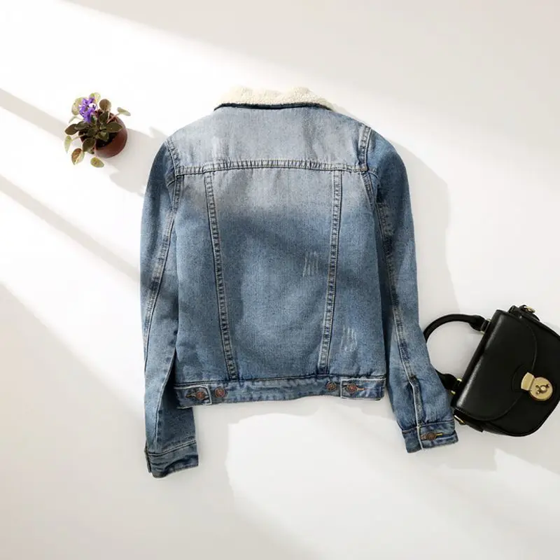 

2020 New Arrival Hot Sale Women Parkas Female Short Coats Pockets Long Sleeve Single Breasted Slim Fit Fur Lining Jean Outwear