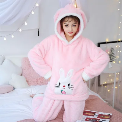 Корейская kawaii Пижама с капюшоном для женщин, зимняя теплая одежда для сна, домашняя одежда для отдыха, женская розовая Фланелевая пижама, пижама для девочек - Цвет: R HS A26 luo bo tu